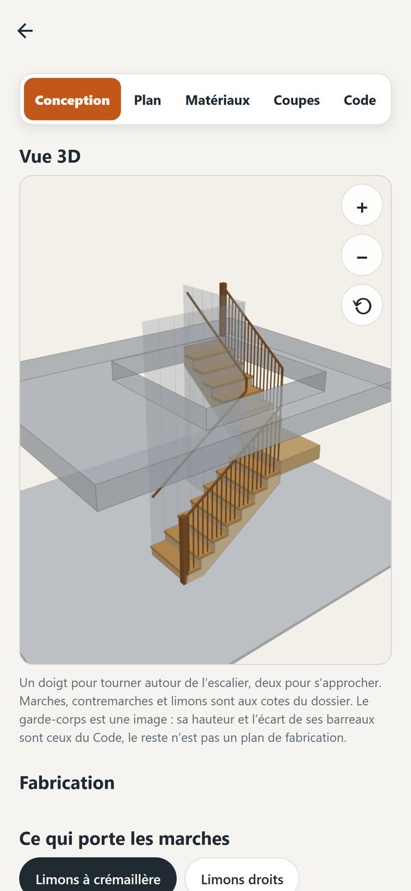 Staircase Sketch - Vue 3D d'un escalier quart tournant avec palier, qu'on tourne du doigt