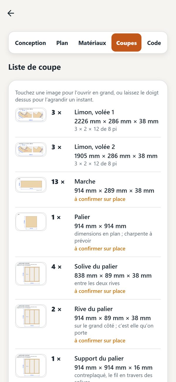 Staircase Sketch - Liste de coupe des limons, des marches et de la charpente du palier